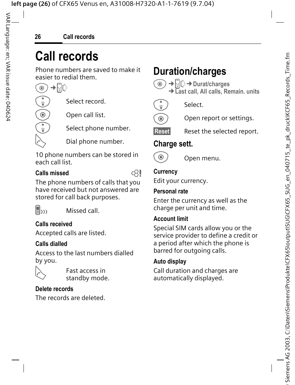 Call records, Duration/charges | Siemens CFX65 User Manual | Page 27 / 77