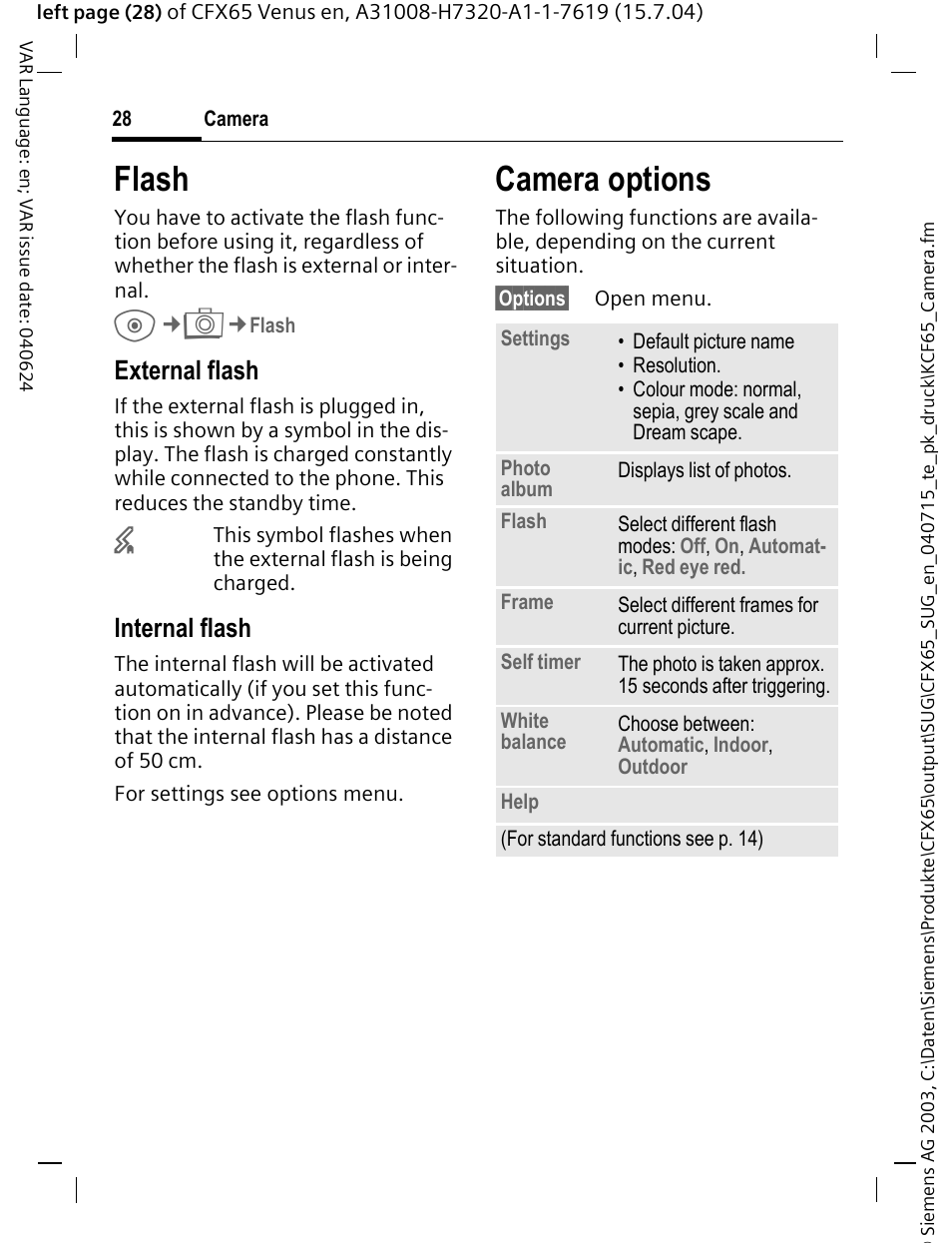 Camera options, Flash, External flash | Internal flash | Siemens CFX65 User Manual | Page 29 / 77
