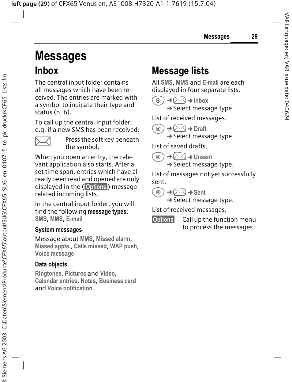 Messages, Inbox, Message lists | Siemens CFX65 User Manual | Page 30 / 77