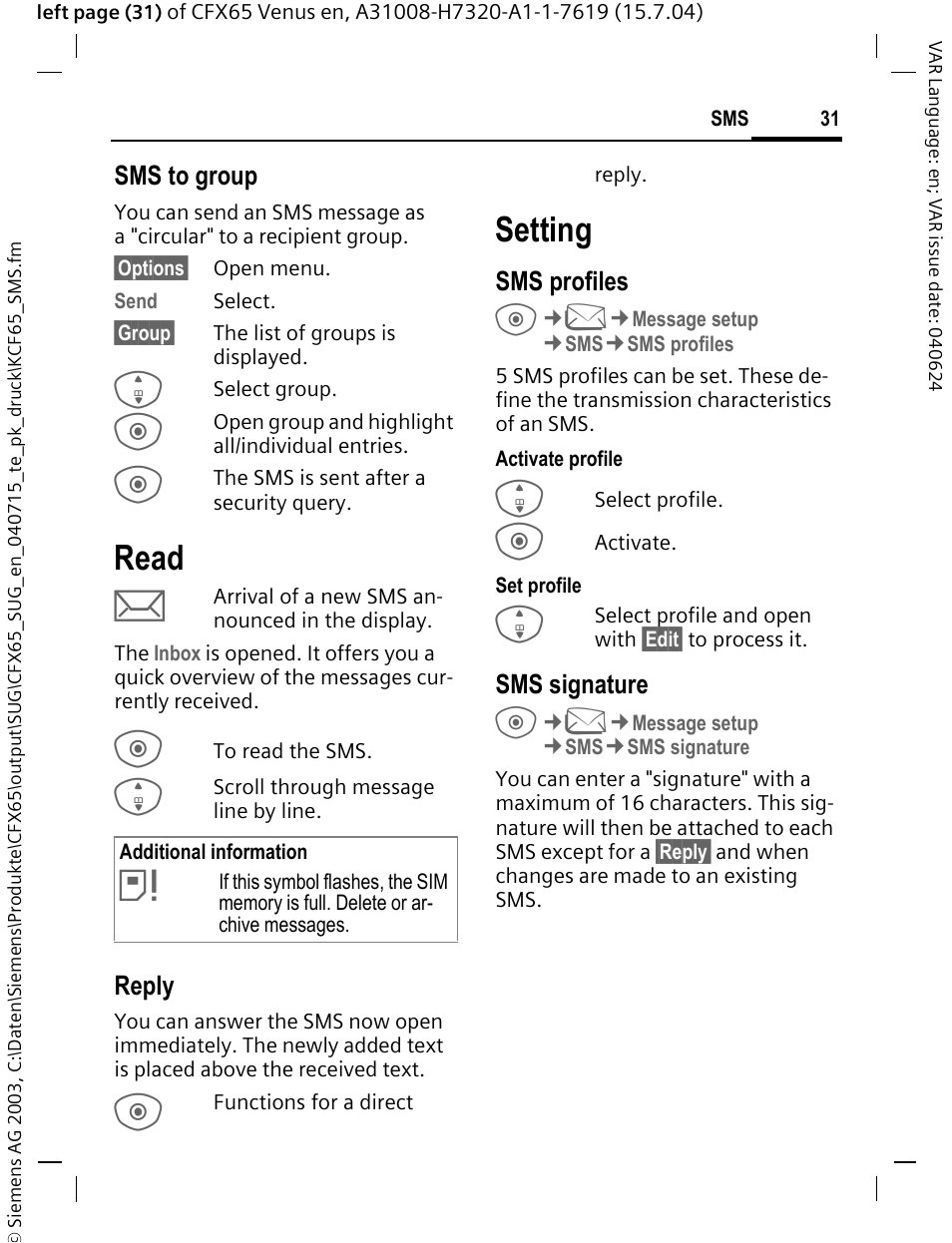 Read, Setting | Siemens CFX65 User Manual | Page 32 / 77