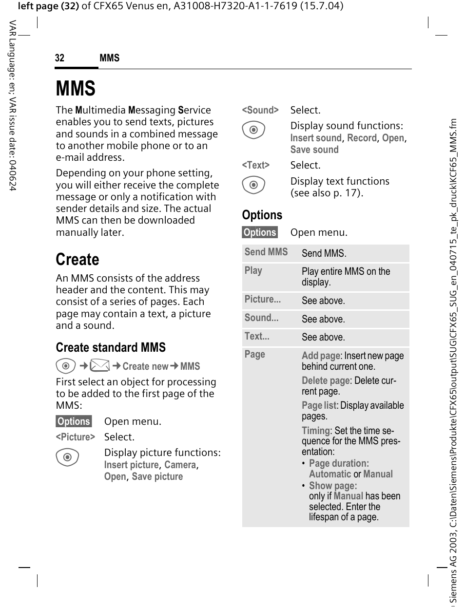 Create, Create standard mms, Options | Siemens CFX65 User Manual | Page 33 / 77