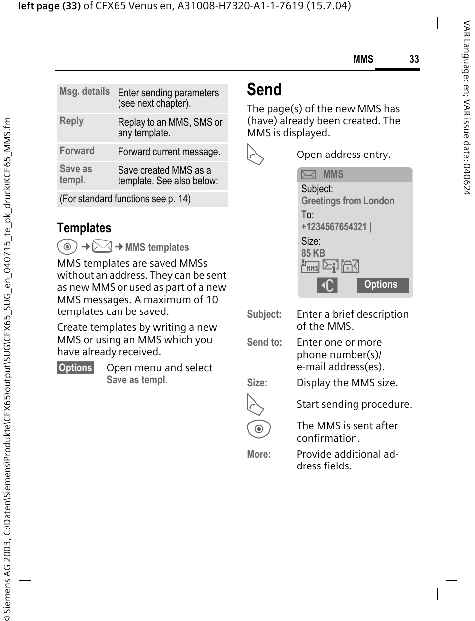 Send, Ю я б, Templates | Siemens CFX65 User Manual | Page 34 / 77