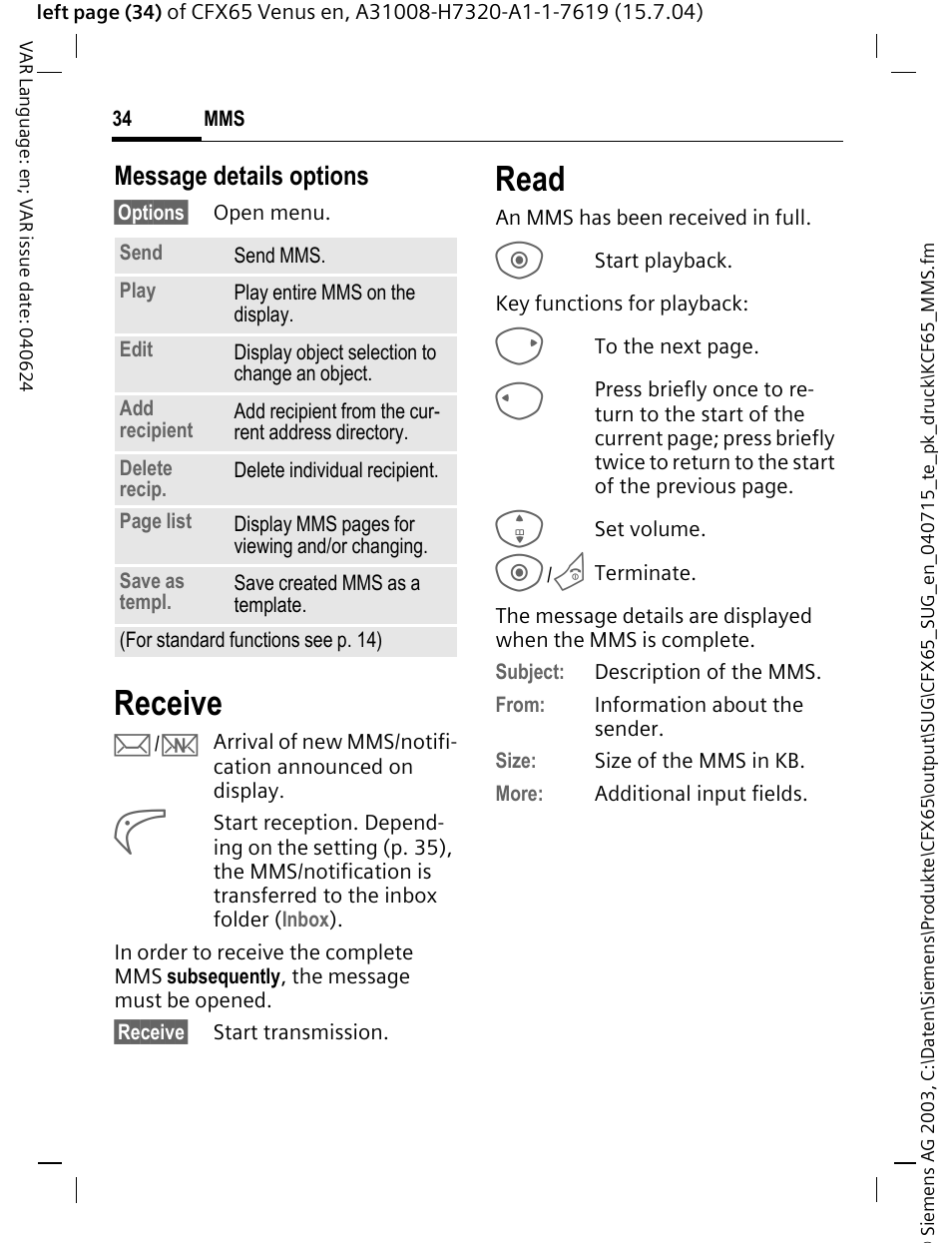 Receive, Read, Message details options | Siemens CFX65 User Manual | Page 35 / 77