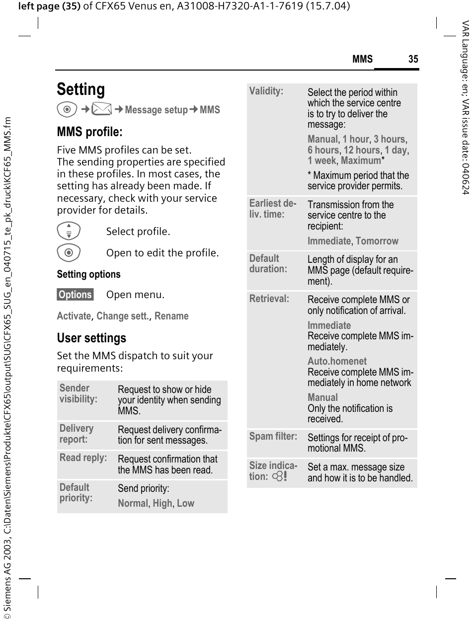 Setting, Mms profile, User settings | Siemens CFX65 User Manual | Page 36 / 77