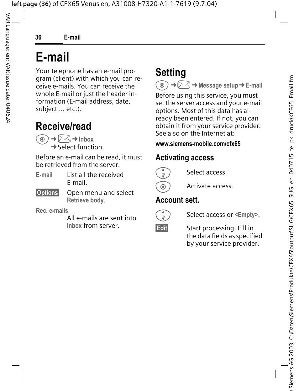 E-mail, Receive/read, Setting | Activating access, Account sett | Siemens CFX65 User Manual | Page 37 / 77