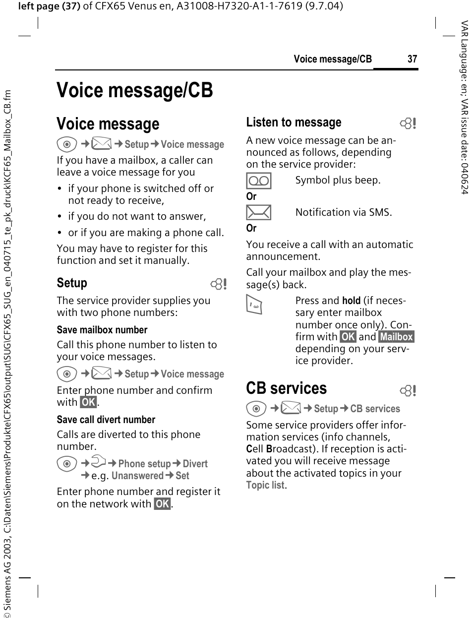 Voice message/cb, Voice message, Cb services b | Cb services | Siemens CFX65 User Manual | Page 38 / 77