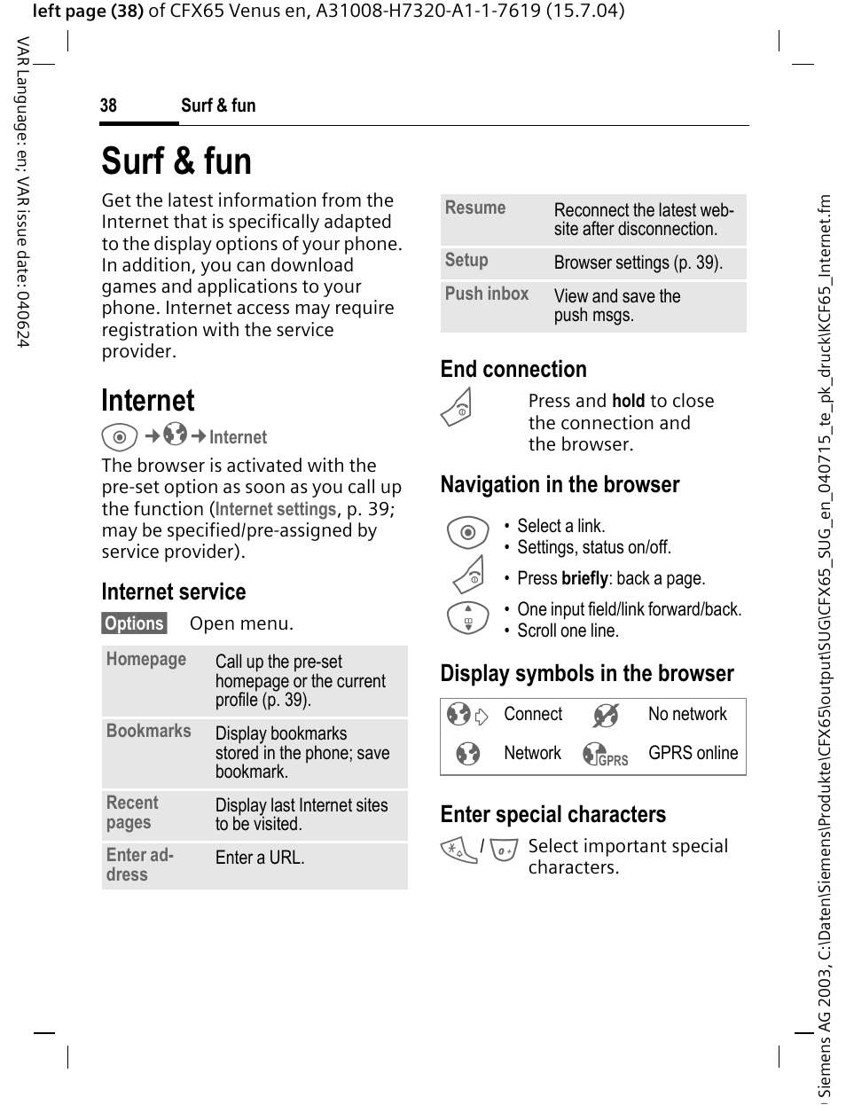 Surf & fun, Internet, Internet service | End connection | Siemens CFX65 User Manual | Page 39 / 77