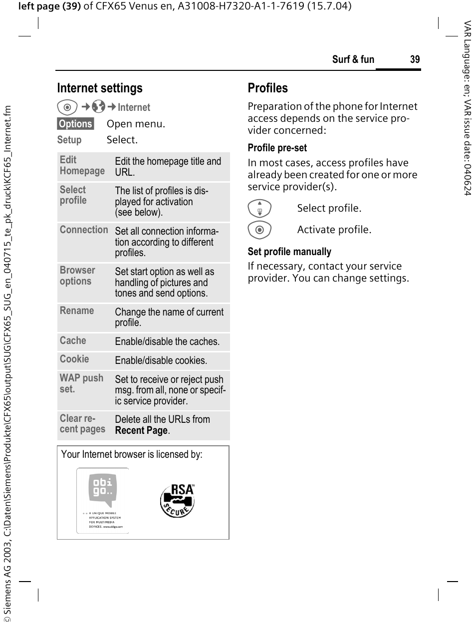 Internet settings, P. 39, P. 39) | S (p. 39), Profiles | Siemens CFX65 User Manual | Page 40 / 77