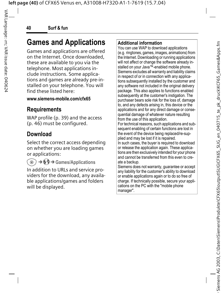 Games and applications, Requirements, Download | Siemens CFX65 User Manual | Page 41 / 77