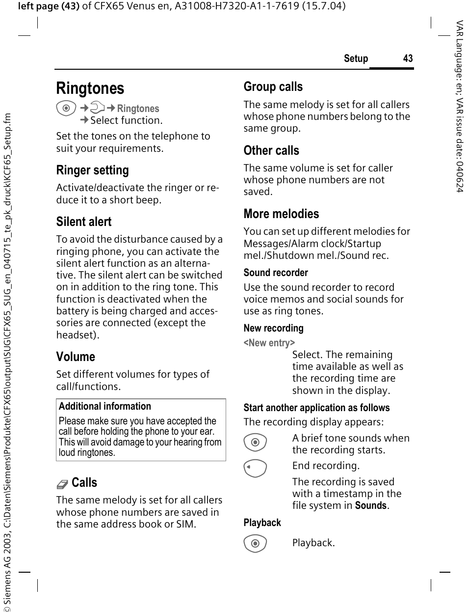 Ringtones, Ringer setting, Silent alert | Volume, Calls, Group calls, Other calls, More melodies | Siemens CFX65 User Manual | Page 44 / 77