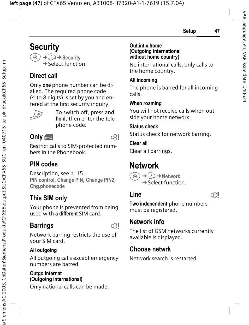 Security, Network, Direct call | Only, Pin codes, This sim only, Barrings b, Line b, Network info, Choose netwrk | Siemens CFX65 User Manual | Page 48 / 77
