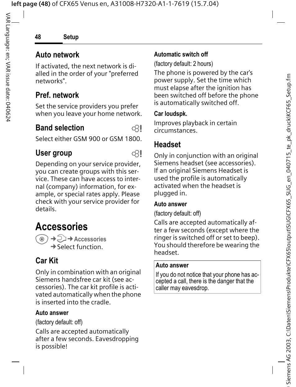 Accessories, Auto network, Pref. network | Band selection b, User group b, Car kit, Headset | Siemens CFX65 User Manual | Page 49 / 77