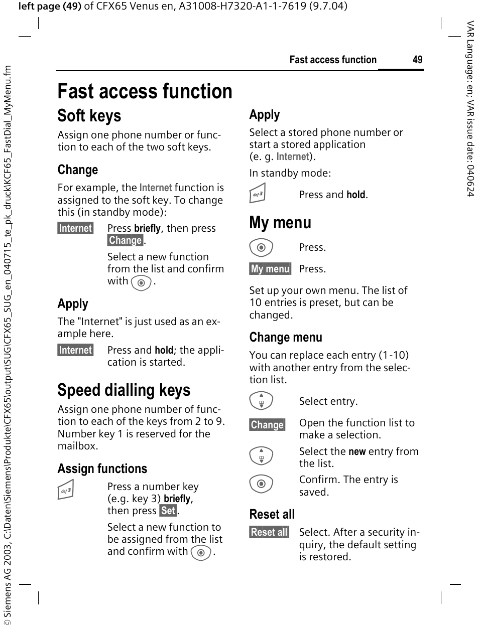 Fast access function, Speed dialling keys, My menu | Soft keys, Change, Apply, Assign functions, Change menu, Reset all | Siemens CFX65 User Manual | Page 50 / 77