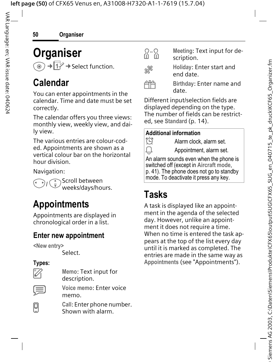 Organiser, Calendar, Appointments | Tasks, Enter new appointment | Siemens CFX65 User Manual | Page 51 / 77