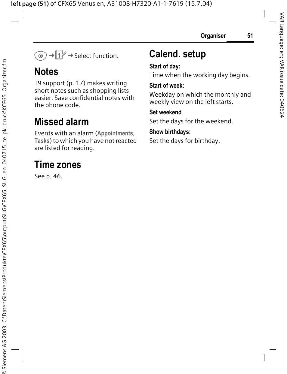 Notes, Missed alarm, Time zones | Calend. setup | Siemens CFX65 User Manual | Page 52 / 77