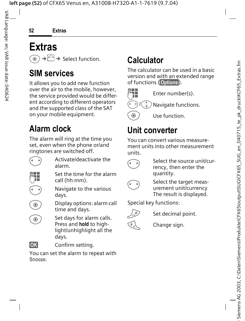 Extras, Sim services, Alarm clock | Calculator, Unit converter | Siemens CFX65 User Manual | Page 53 / 77