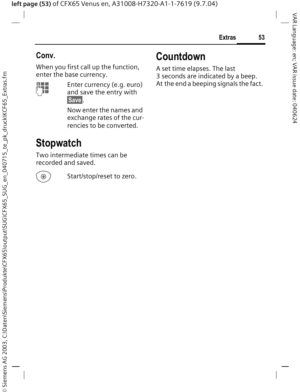 Stopwatch, Countdown, Conv | Siemens CFX65 User Manual | Page 54 / 77