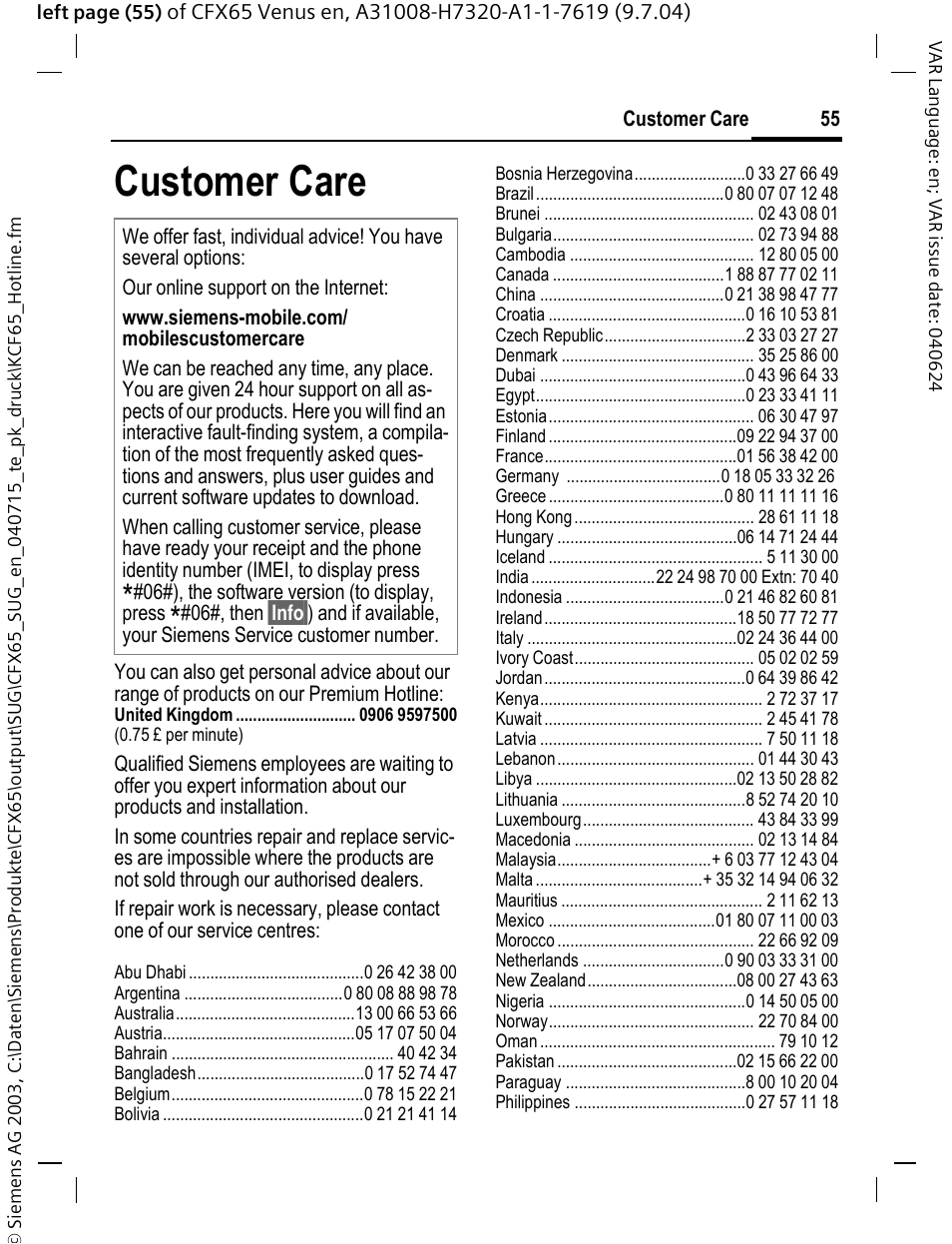 Customer care | Siemens CFX65 User Manual | Page 56 / 77