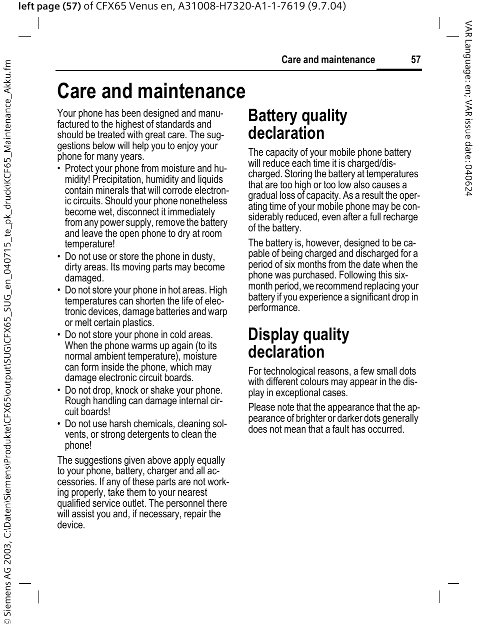 Care and maintenance, Battery quality declaration, Display quality declaration | Battery quality declaration, Display quality declaration | Siemens CFX65 User Manual | Page 58 / 77