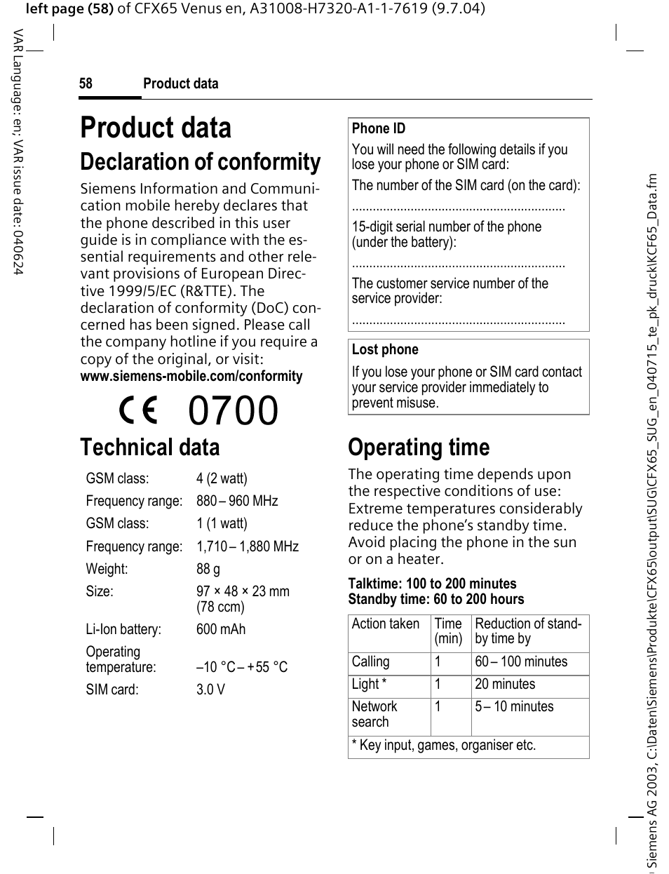 Product data, Declaration of conformity, Technical data operating time | Siemens CFX65 User Manual | Page 59 / 77