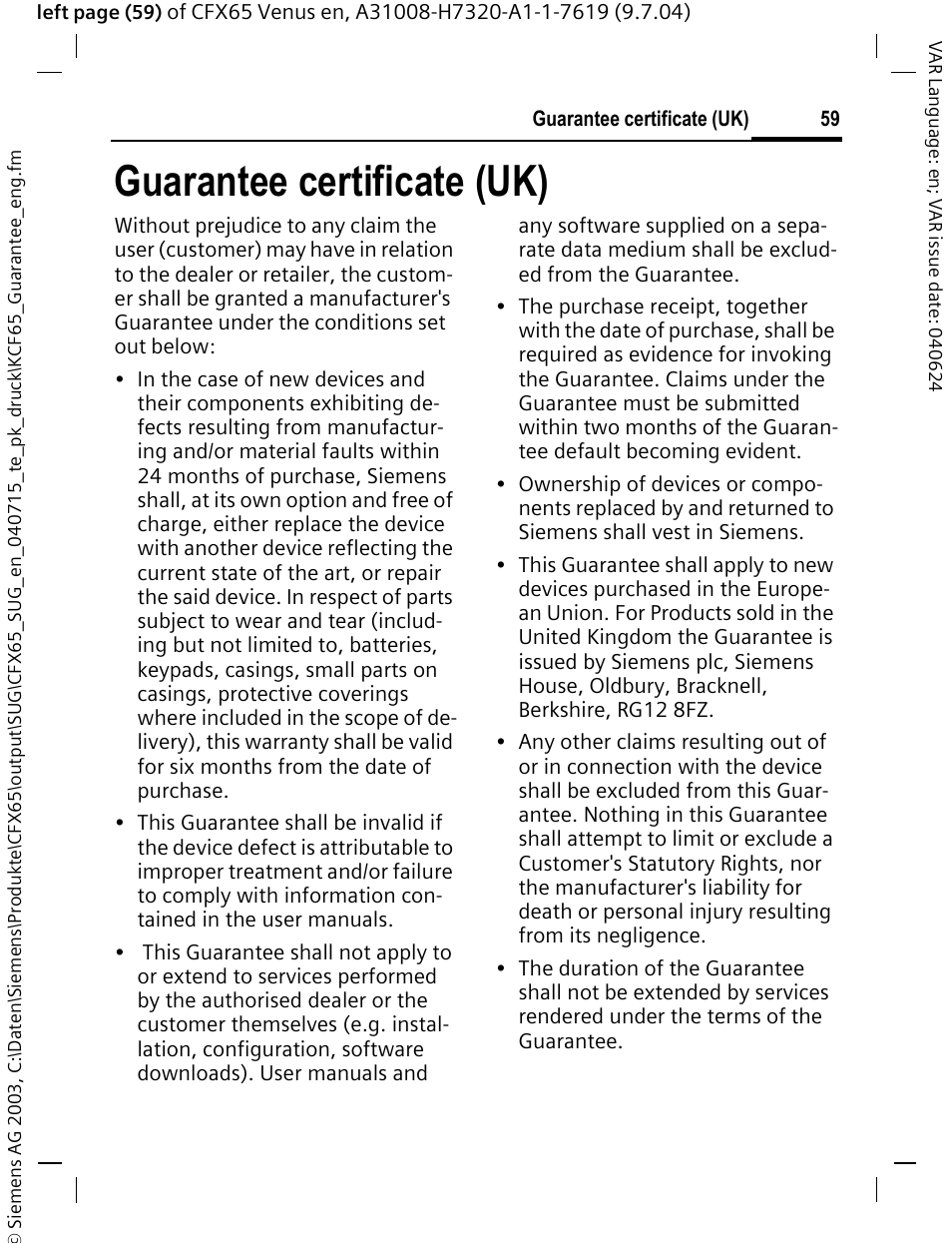 Guarantee certificate (uk) | Siemens CFX65 User Manual | Page 60 / 77