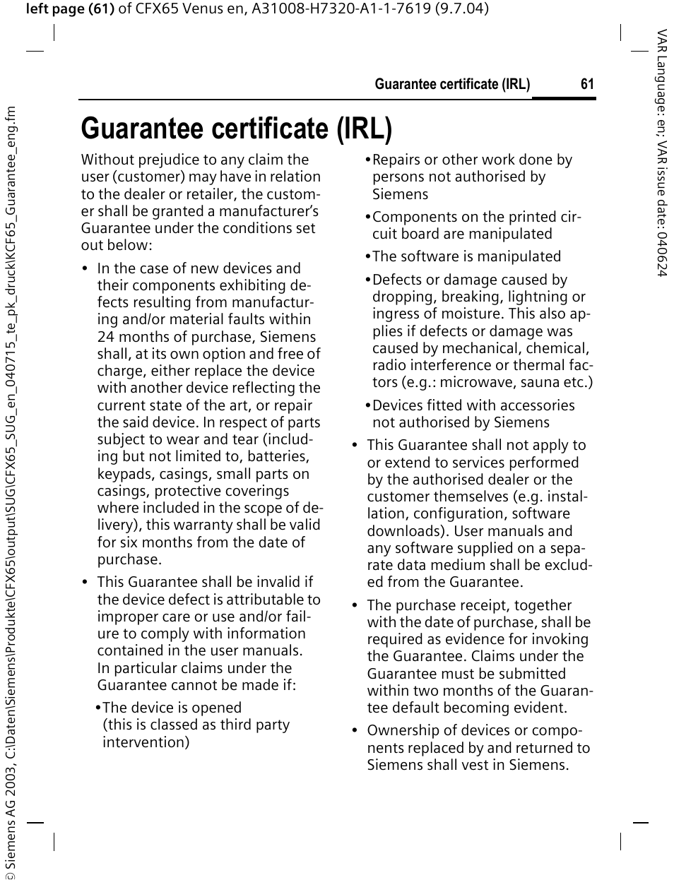 Guarantee certificate (irl) | Siemens CFX65 User Manual | Page 62 / 77