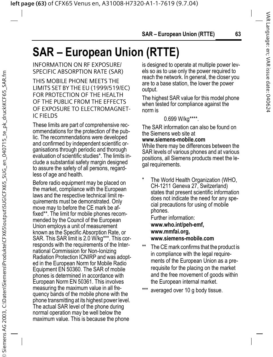 Sar – european union (rtte) | Siemens CFX65 User Manual | Page 64 / 77