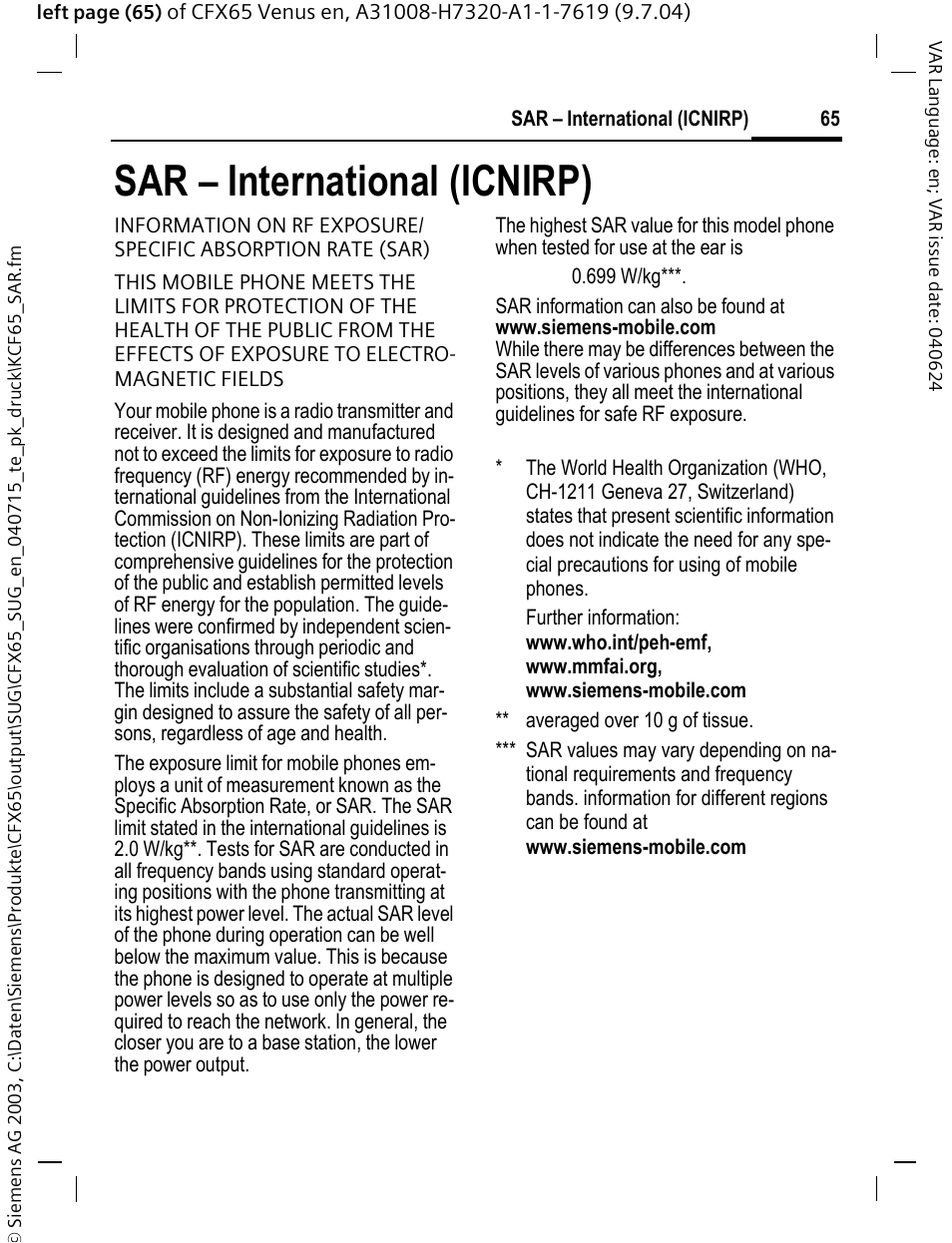 Sar – international (icnirp) | Siemens CFX65 User Manual | Page 66 / 77