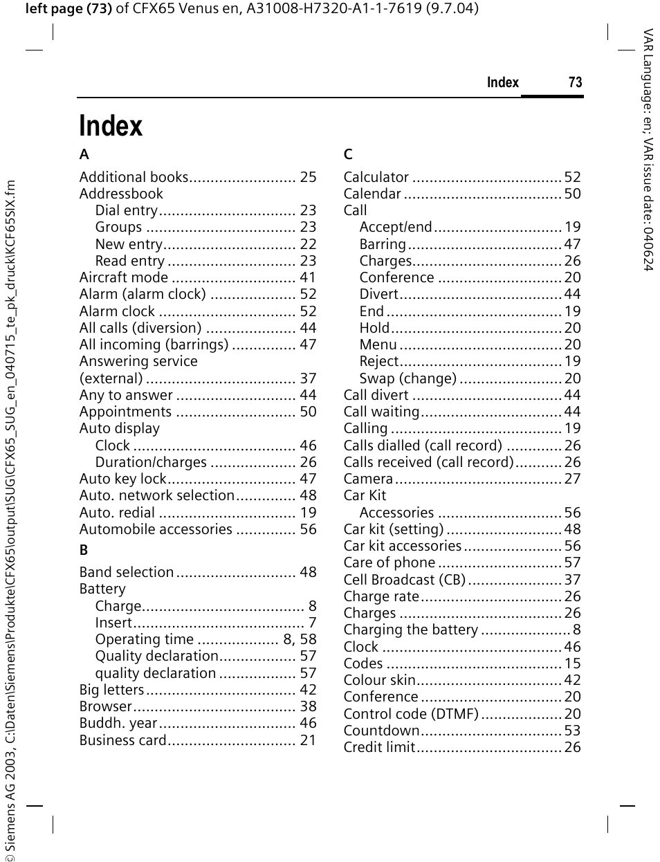 Index | Siemens CFX65 User Manual | Page 74 / 77