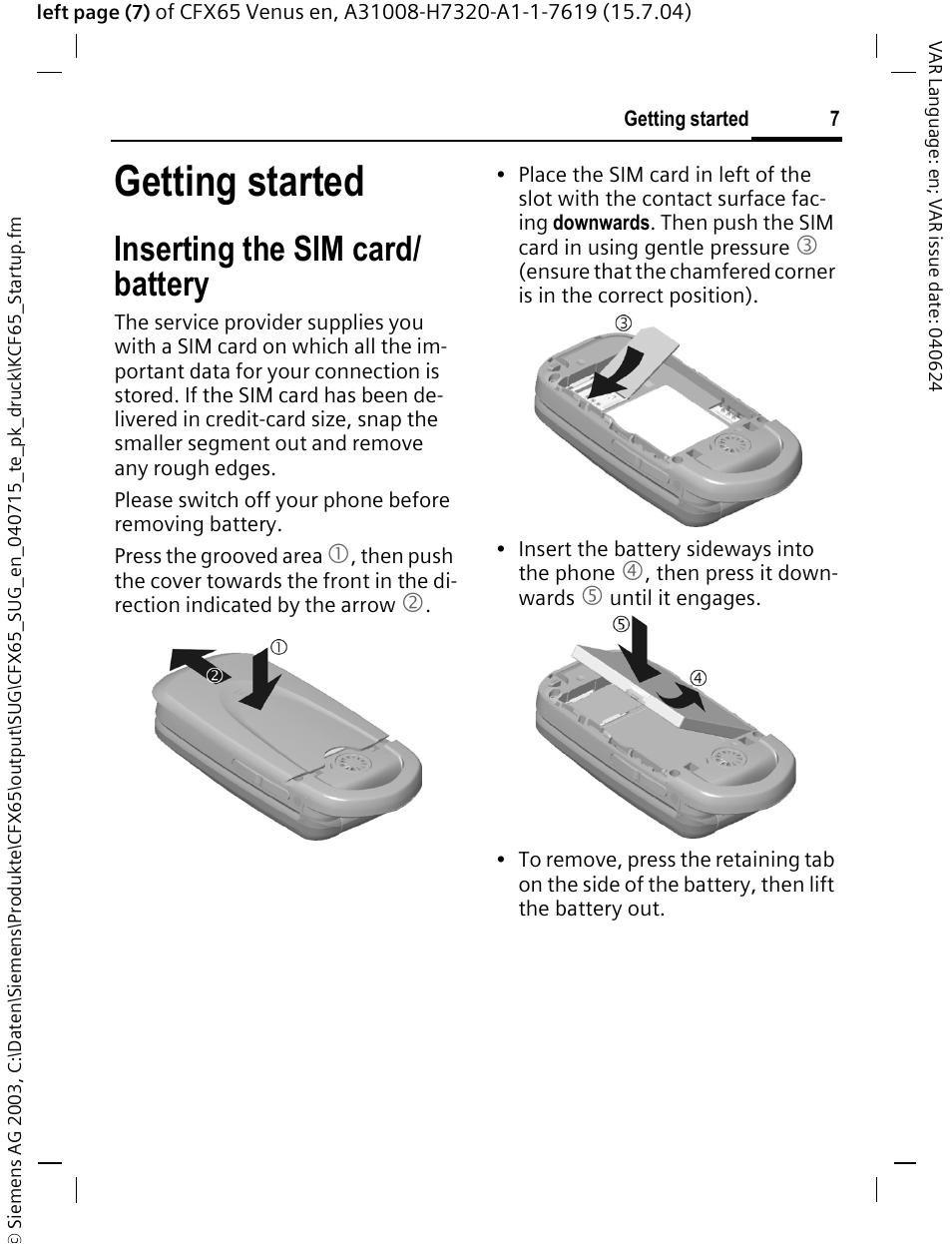 Getting started, Inserting the sim card/ battery | Siemens CFX65 User Manual | Page 8 / 77