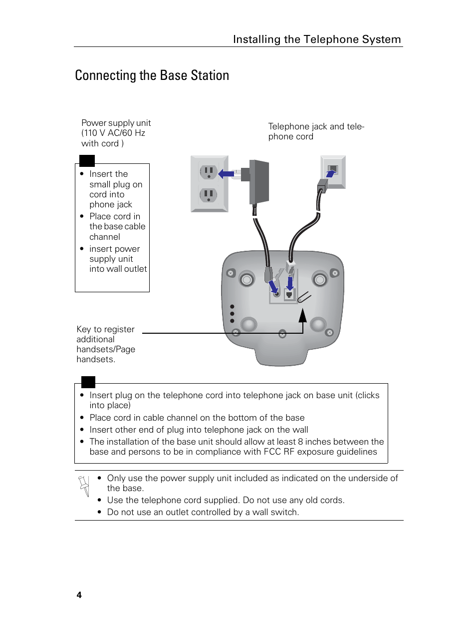 Connecting the base station, Installing the telephone system | Siemens Gigaset 4015 User Manual | Page 10 / 131