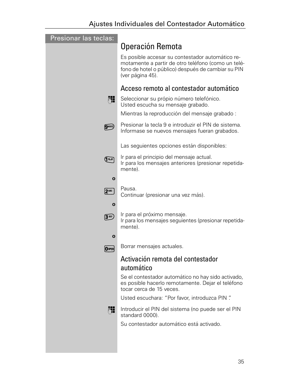Operación remota, Acceso remoto al contestador automático, Activación remota del contestador automático | Siemens Gigaset 4015 User Manual | Page 102 / 131