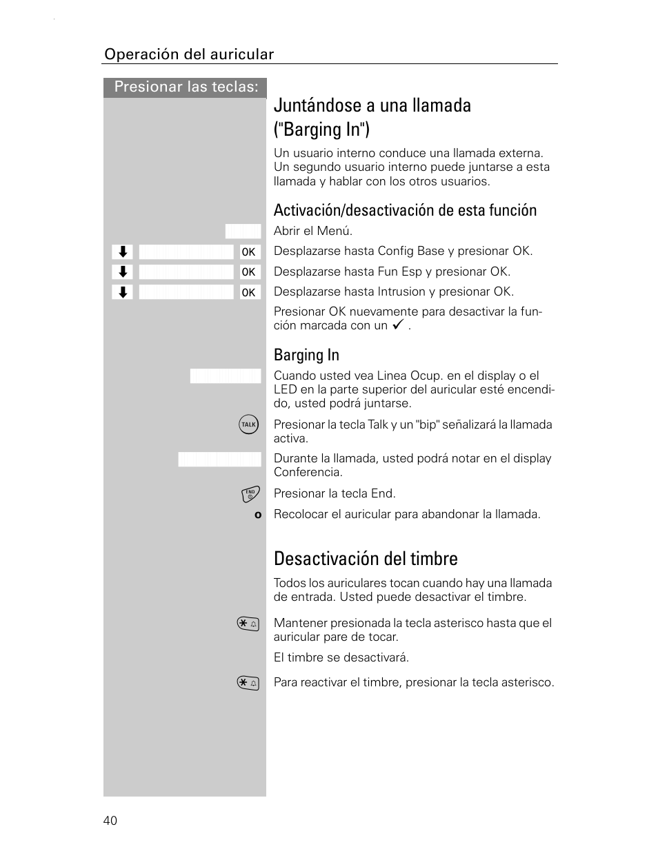 Juntándose a una llamada ("barging in"), Desactivación del timbre, Activación/desactivación de esta función | Barging in | Siemens Gigaset 4015 User Manual | Page 107 / 131