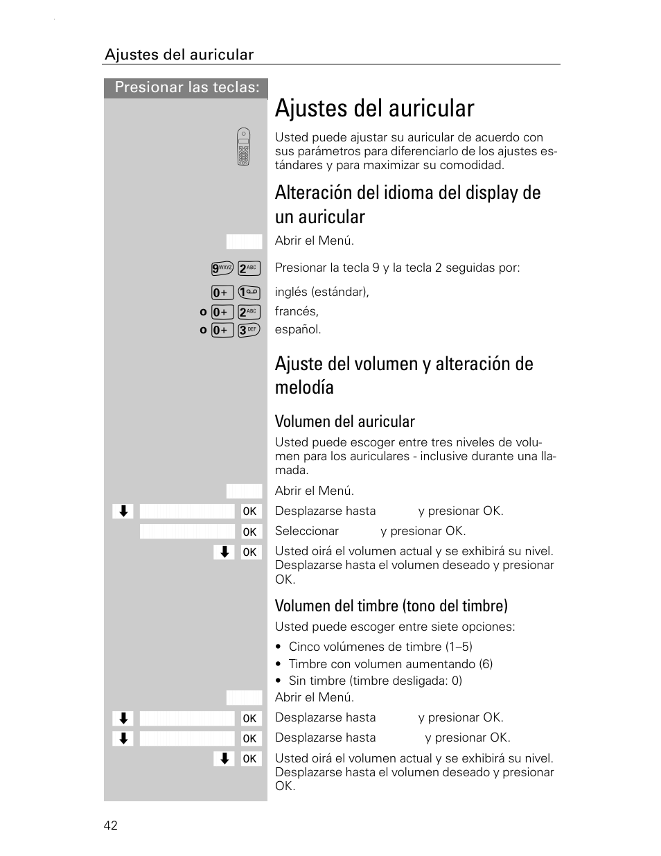 Ajustes del auricular, Alteración del idioma del display de un auricular, Ajuste del volumen y alteración de melodía | Volumen del auricular, Volumen del timbre (tono del timbre) | Siemens Gigaset 4015 User Manual | Page 109 / 131