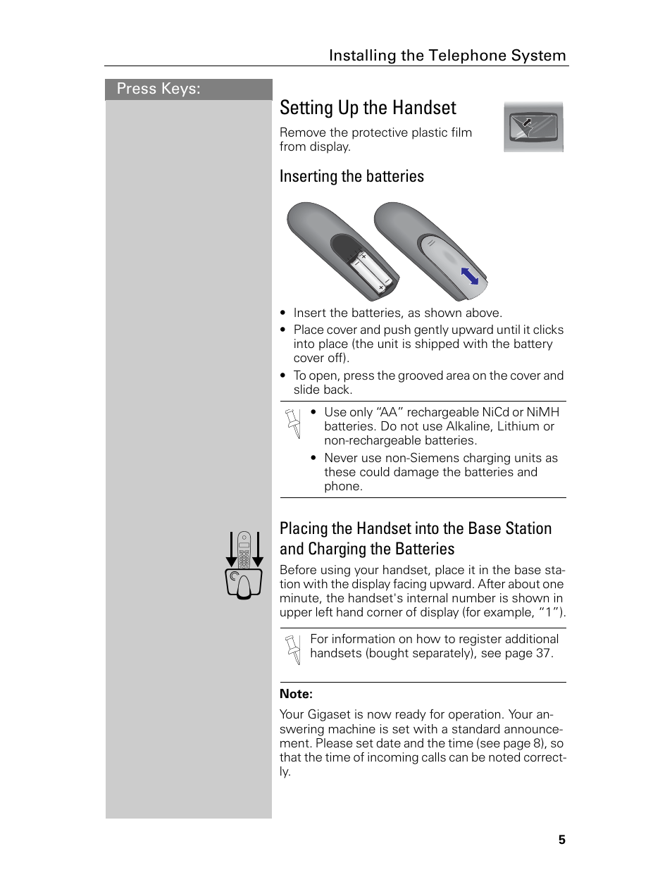 Setting up the handset, Inserting the batteries | Siemens Gigaset 4015 User Manual | Page 11 / 131