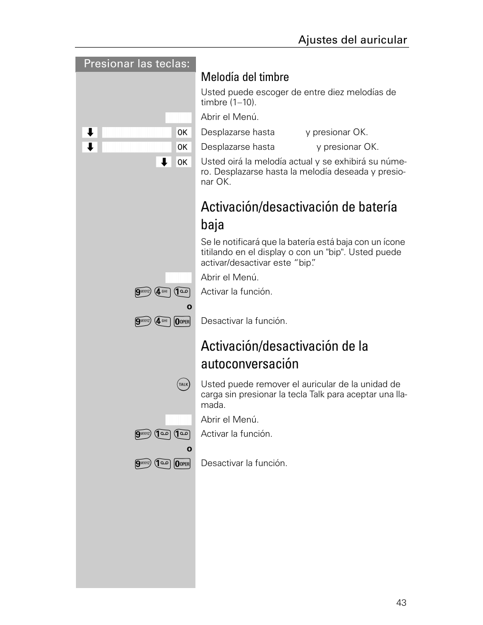 Activación/desactivación de batería baja, Activación/desactivación de la autoconversación, Melodía del timbre | Siemens Gigaset 4015 User Manual | Page 110 / 131