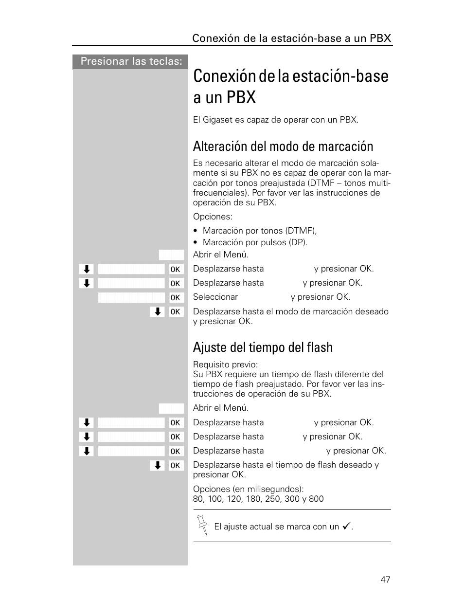 Conexión de la estación-base a un pbx, Alteración del modo de marcación, Ajuste del tiempo del flash | Siemens Gigaset 4015 User Manual | Page 114 / 131