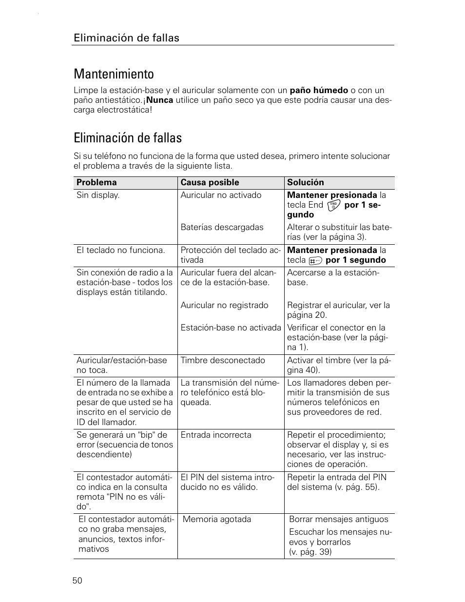 Mantenimiento, Eliminación de fallas | Siemens Gigaset 4015 User Manual | Page 117 / 131