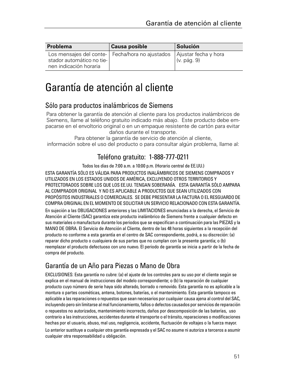 Garantía de atención al cliente, Sólo para productos inalámbricos de siemens, Garantía de un año para piezas o mano de obra | Siemens Gigaset 4015 User Manual | Page 118 / 131