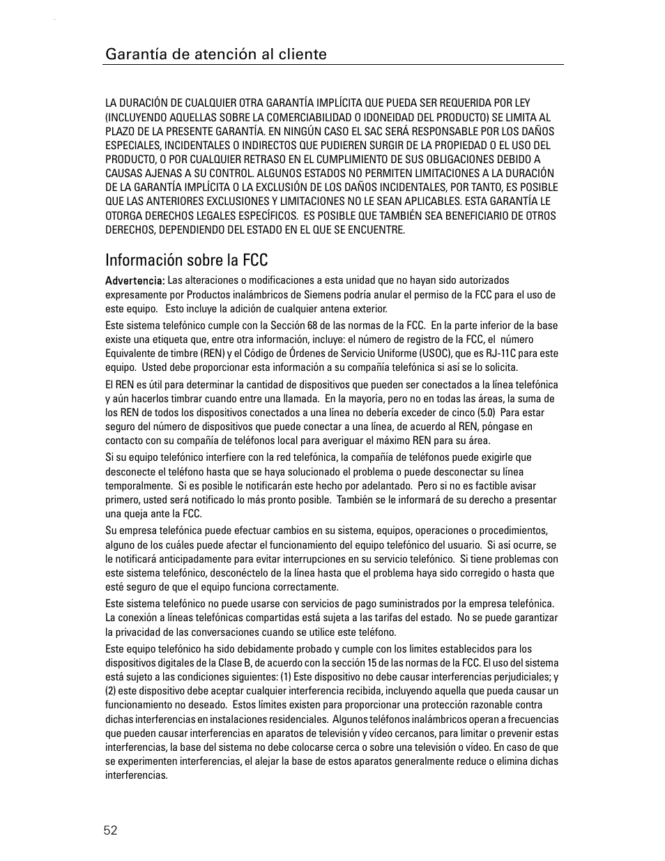 Información sobre la fcc, Garantía de atención al cliente | Siemens Gigaset 4015 User Manual | Page 119 / 131