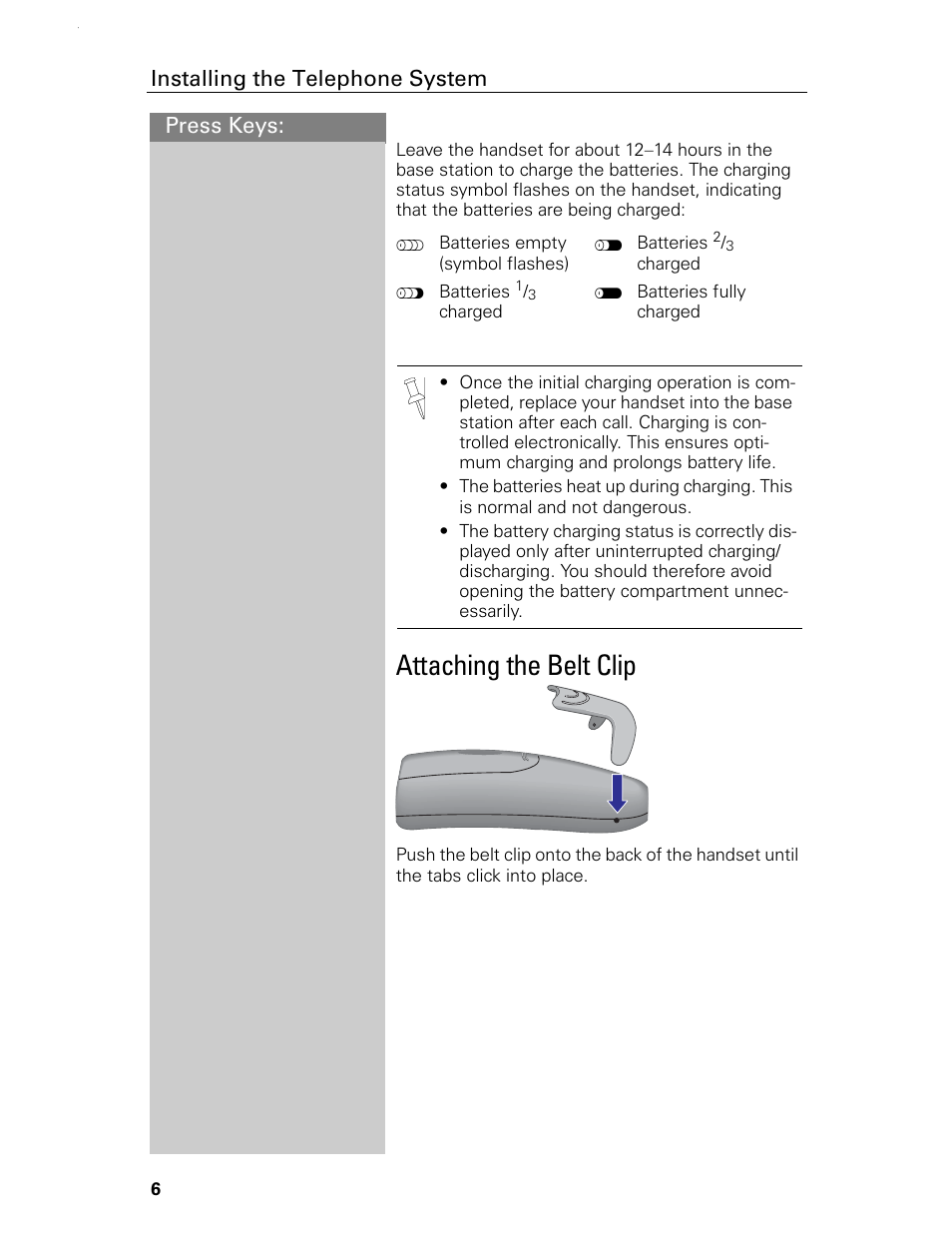 Attaching the belt clip, Press keys: installing the telephone system | Siemens Gigaset 4015 User Manual | Page 12 / 131