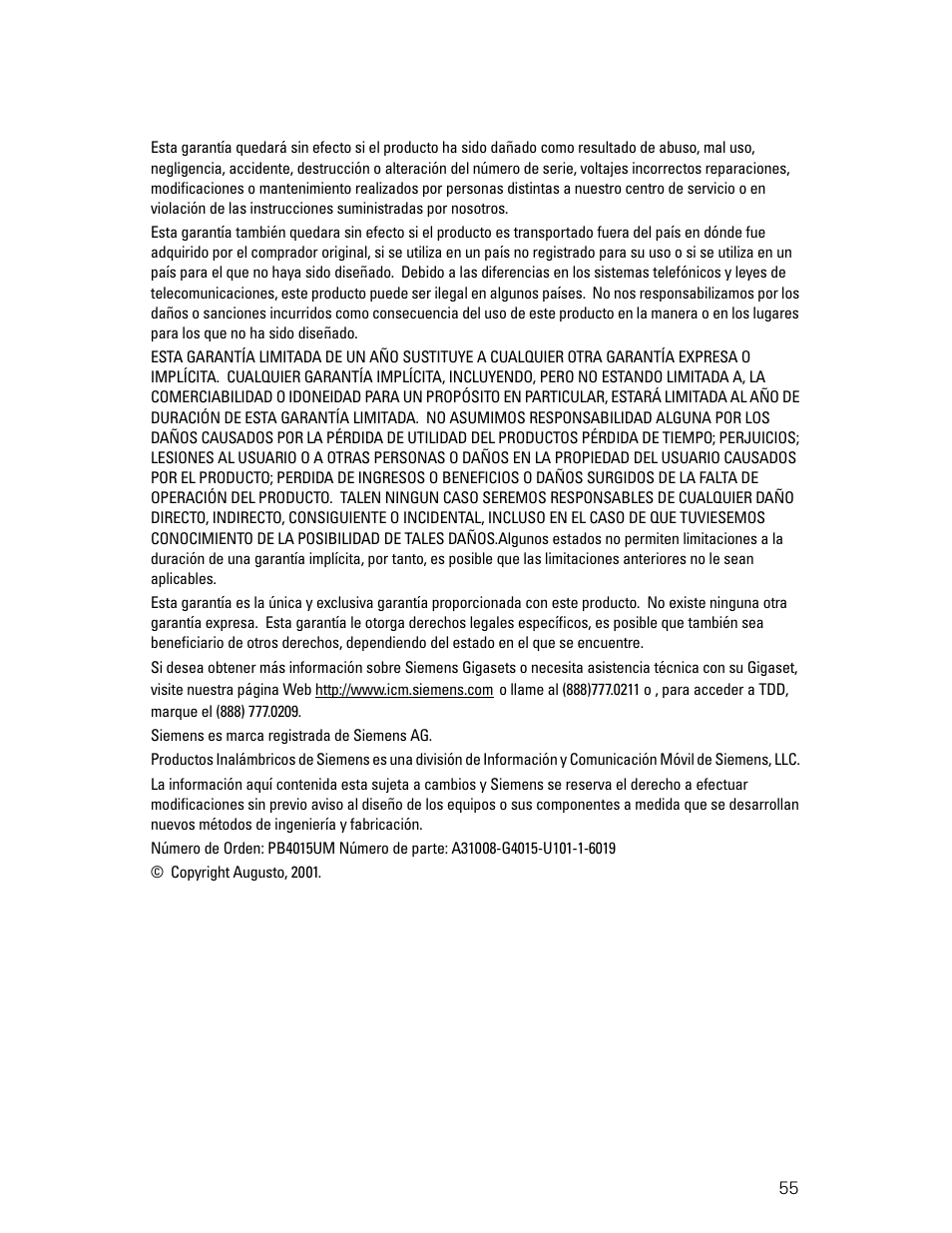 Garantía de atención al cliente | Siemens Gigaset 4015 User Manual | Page 122 / 131