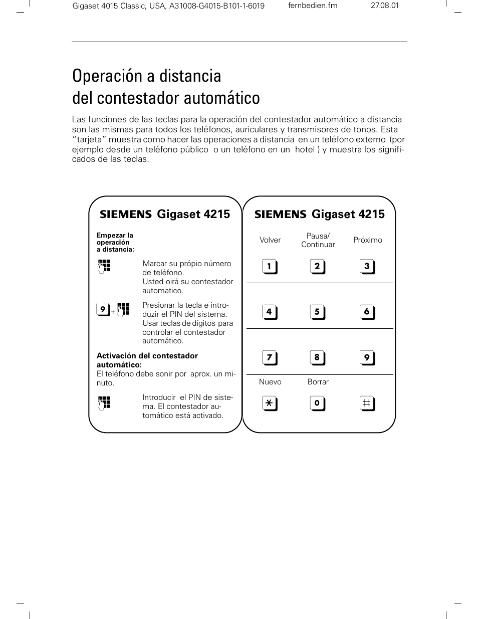 Operación a distancia del contestador automático | Siemens Gigaset 4015 User Manual | Page 127 / 131