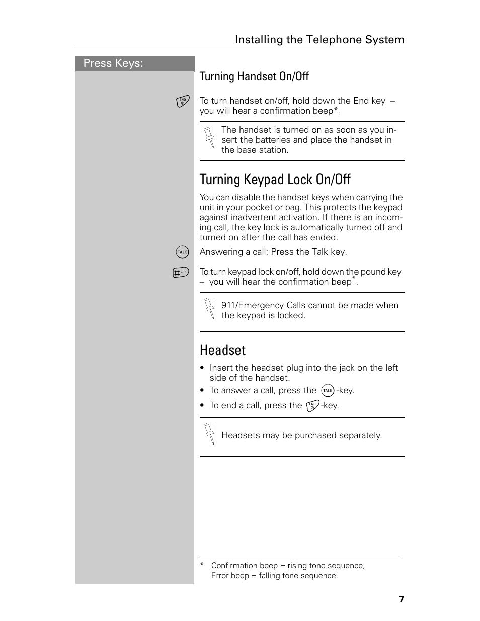 Turning keypad lock on/off, Headset, Turning handset on/off | Siemens Gigaset 4015 User Manual | Page 13 / 131