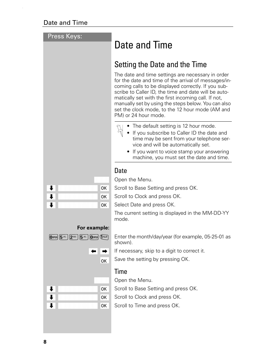 Date and time, Setting the date and the time, Date | Time | Siemens Gigaset 4015 User Manual | Page 14 / 131