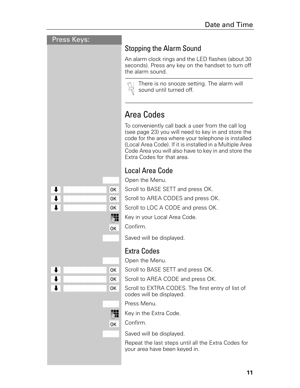Area codes, Stopping the alarm sound, Local area code | Extra codes | Siemens Gigaset 4015 User Manual | Page 17 / 131