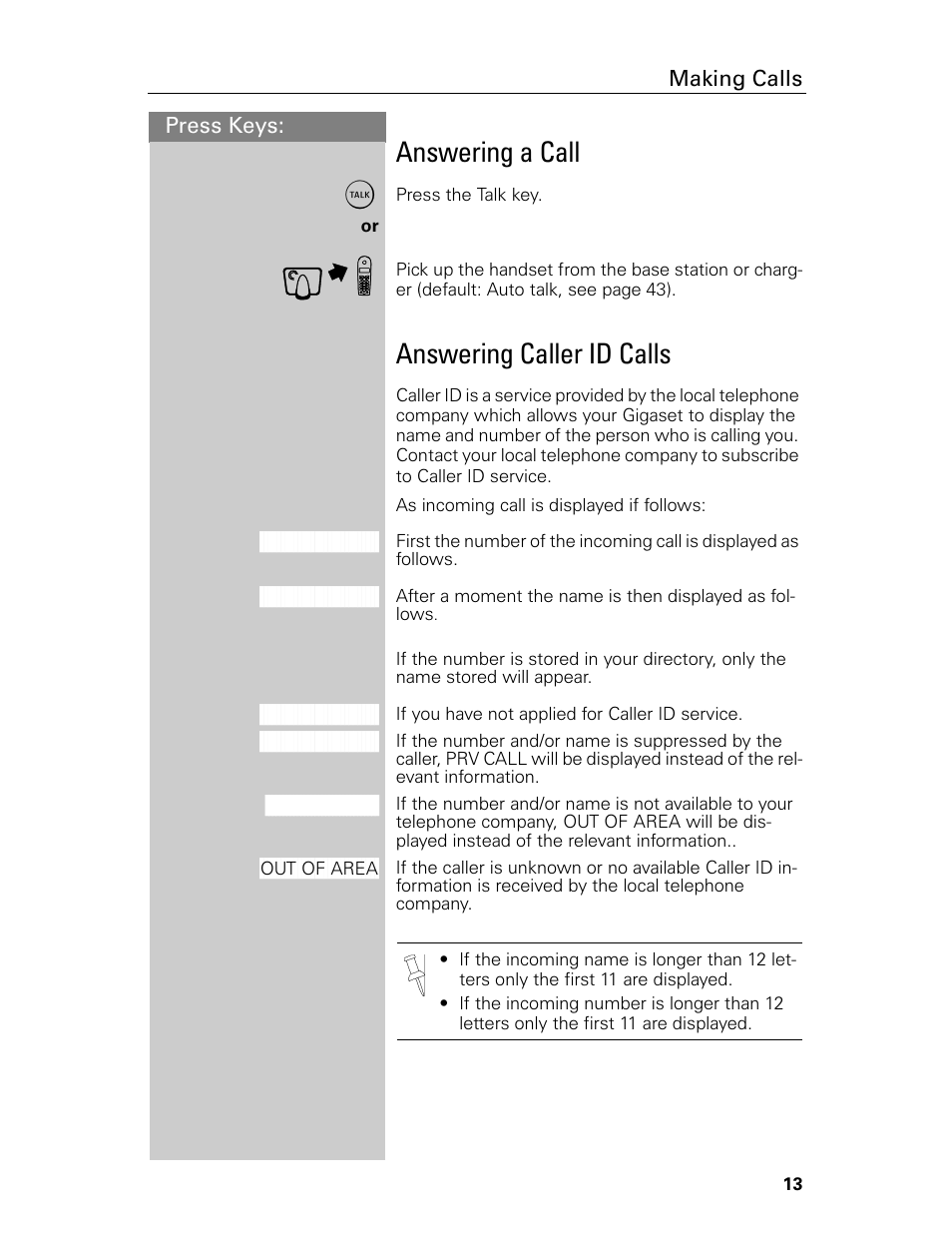 Answering a call, Answering caller id calls | Siemens Gigaset 4015 User Manual | Page 19 / 131