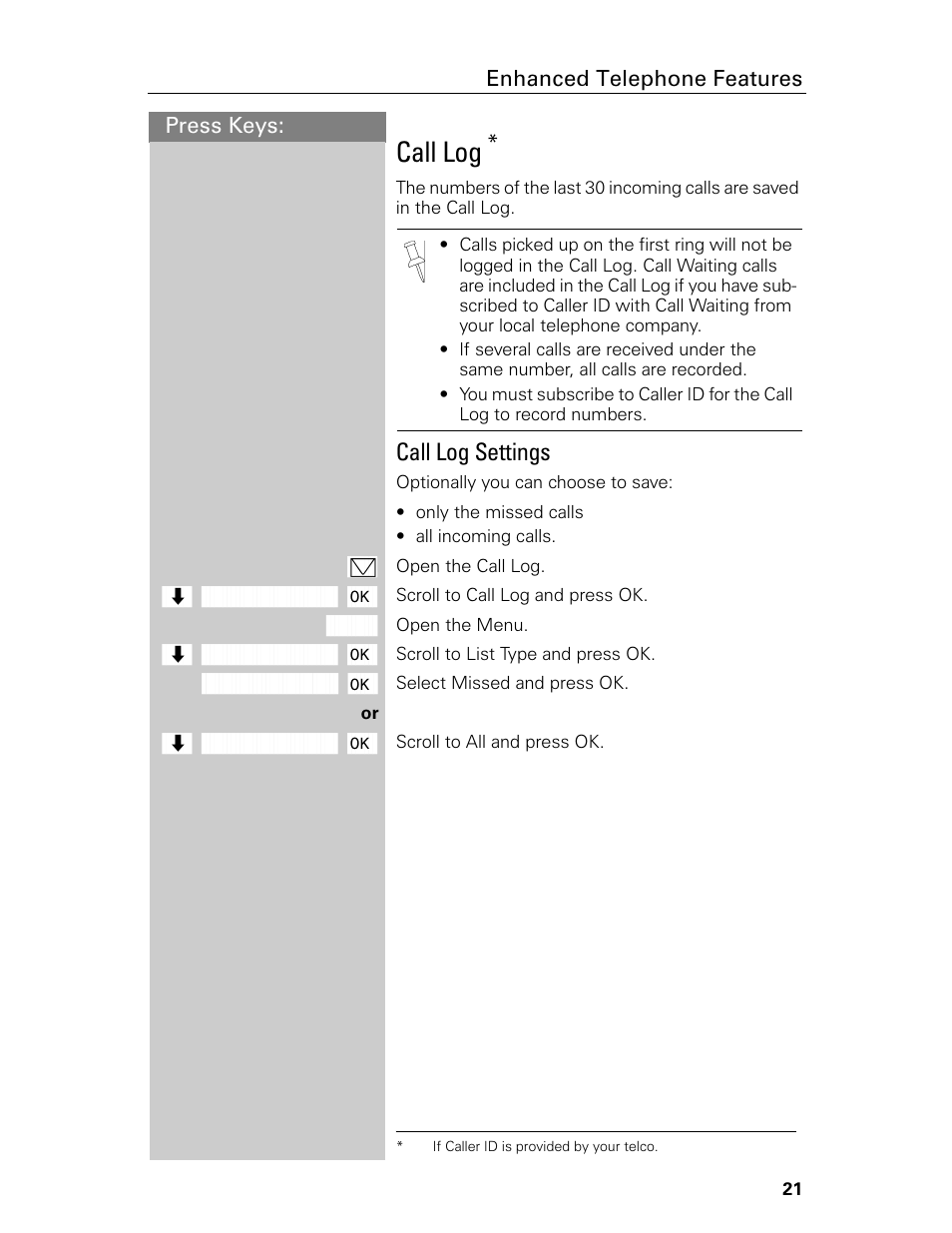 Call log, Call log settings | Siemens Gigaset 4015 User Manual | Page 27 / 131