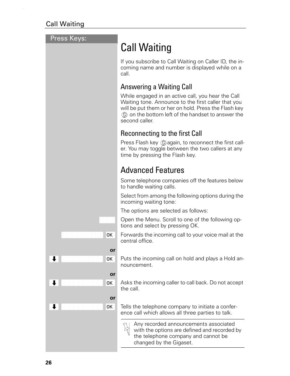 Call waiting, Advanced features, Answering a waiting call | Reconnecting to the first call | Siemens Gigaset 4015 User Manual | Page 32 / 131