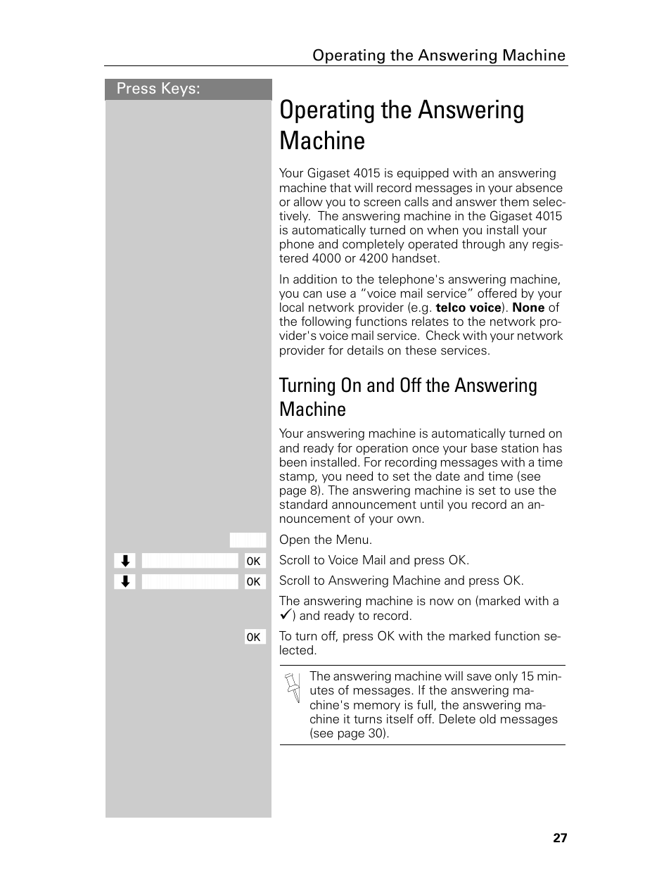 Operating the answering machine, Turning on and off the answering machine | Siemens Gigaset 4015 User Manual | Page 33 / 131